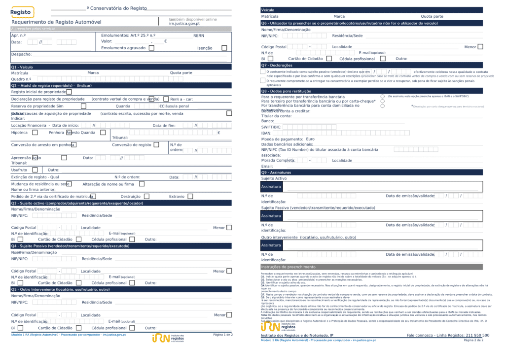 requerimento registo automóvel